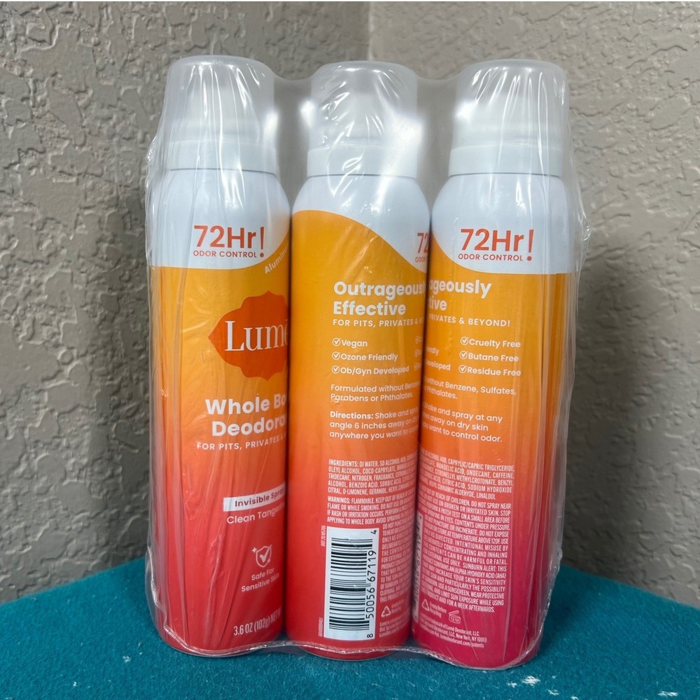 Lume Whole Body Deodorant Invisible Spray Clean Tangerine 3.6oz 3-Pack Bundle